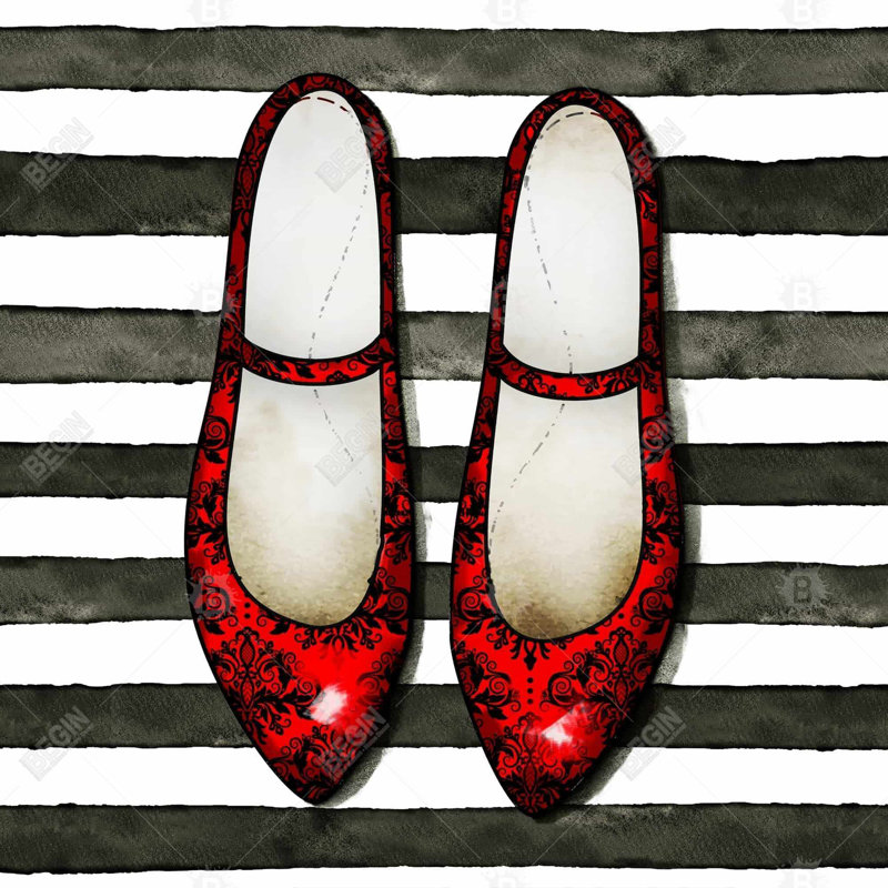 " Red Glossy Shoes On Striped Background "