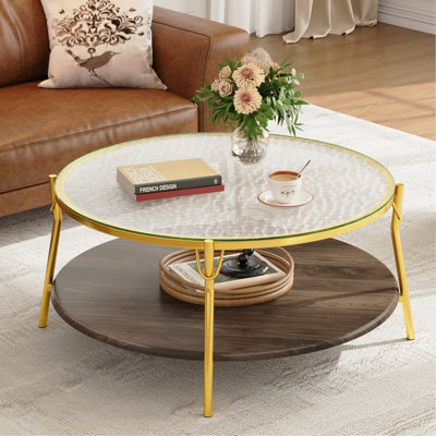 Table basse moderne à 2 niveaux en noyer avec plateau en verre et base dorée pour salon, 29,9 po