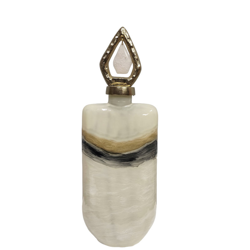 Bouteille décorative en verre avec embout en aluminium et résine, H 21 po x l 7,25 po x P 5,25 po