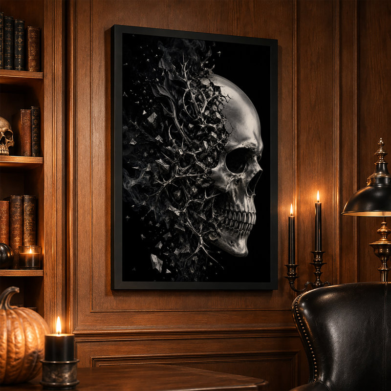 Art mural sur toile, crâne argenté brisant en éclats épineux et Halloween, H 36 po x l 24 po