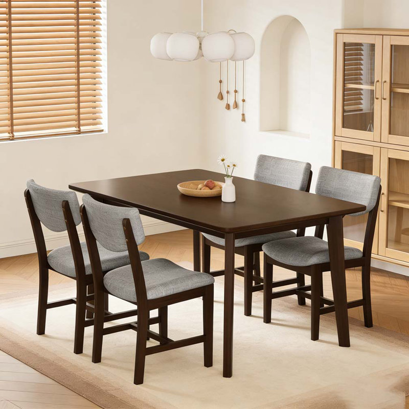 5-Piece Dining Set - 1 Solid Wood Table + 4 Upholstered Chairs, Espresso