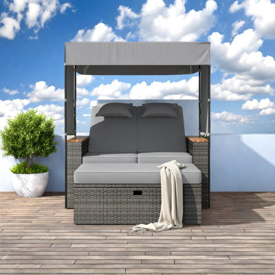 2-Piece Outdoor Rattan Daybed, Outdoor Bed With 5 Positions, Outdoor Loveseat Patio Sofa With Bench Lounge Roof Set And Cushions For Poolside