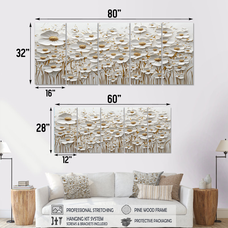 Orchidée blanche jardin de branches II - Art mural fleurs sauvages - Art mural traditionnel pour le salon 5 pièces