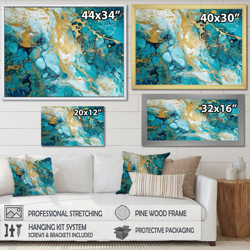 «Turquoise Luxury Abstract Fluid Art VI», reproduction d'art sur toile, Toile tendue, 34" H x 44" W