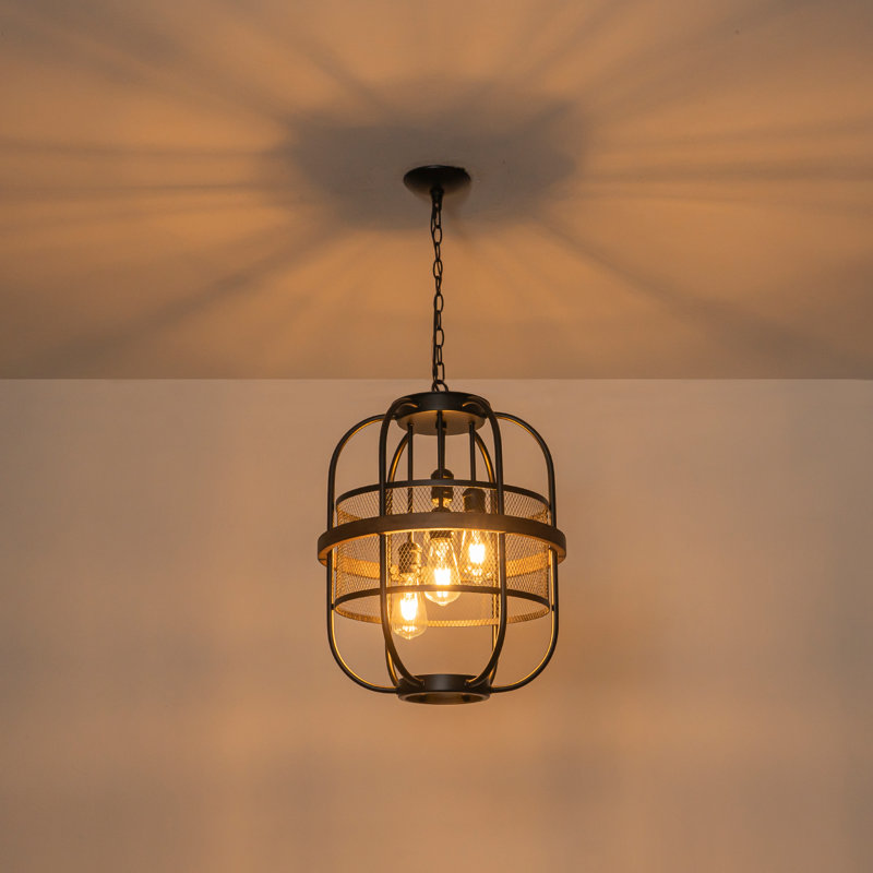 Luminaire suspendu campagnard industriel 17,3 po à 4 lumières avec décorations en bois patiné | Lustre noir mat | Hauteur réglable de 25,6 po à 104,3 po pour la salle à manger et l'îlot de cuisine
