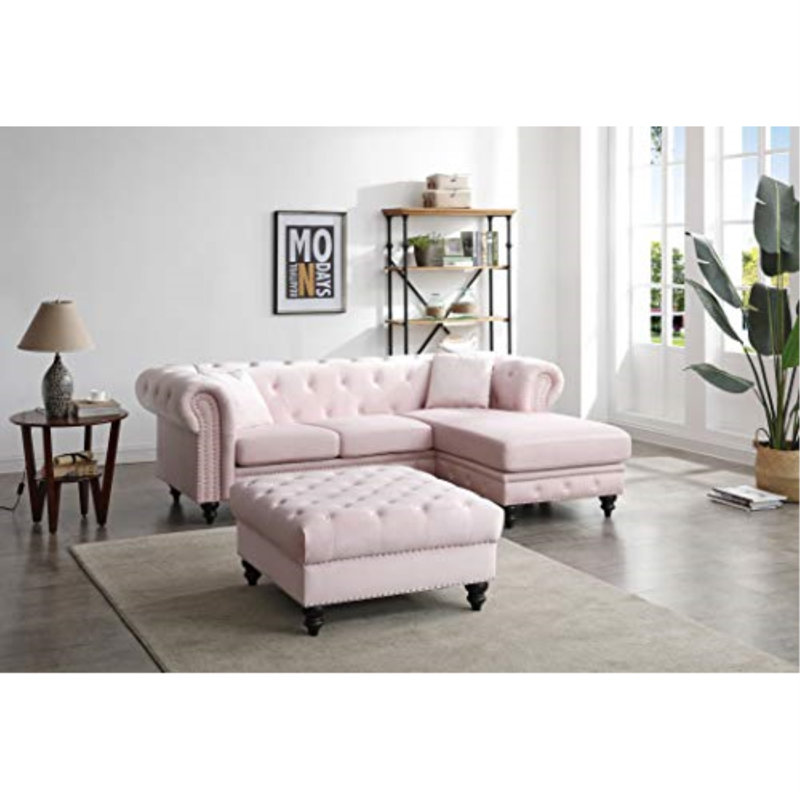 Canapé et méridienne réversible en velours de 98 po de large Blagdon, Rose