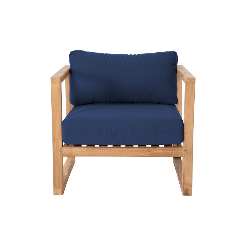 Chaise de terrasse en teck Nurein avec coussins Sunbrella, Bleu marine