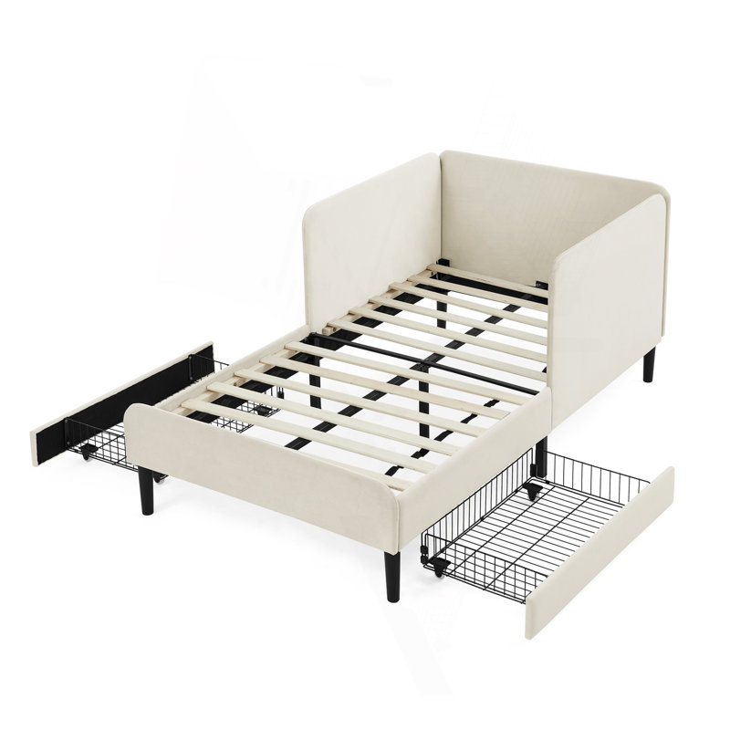 Structure de lit simple tapissier avec 2 tiroirs de rangement, canapé-lit réglable en velours, beige
