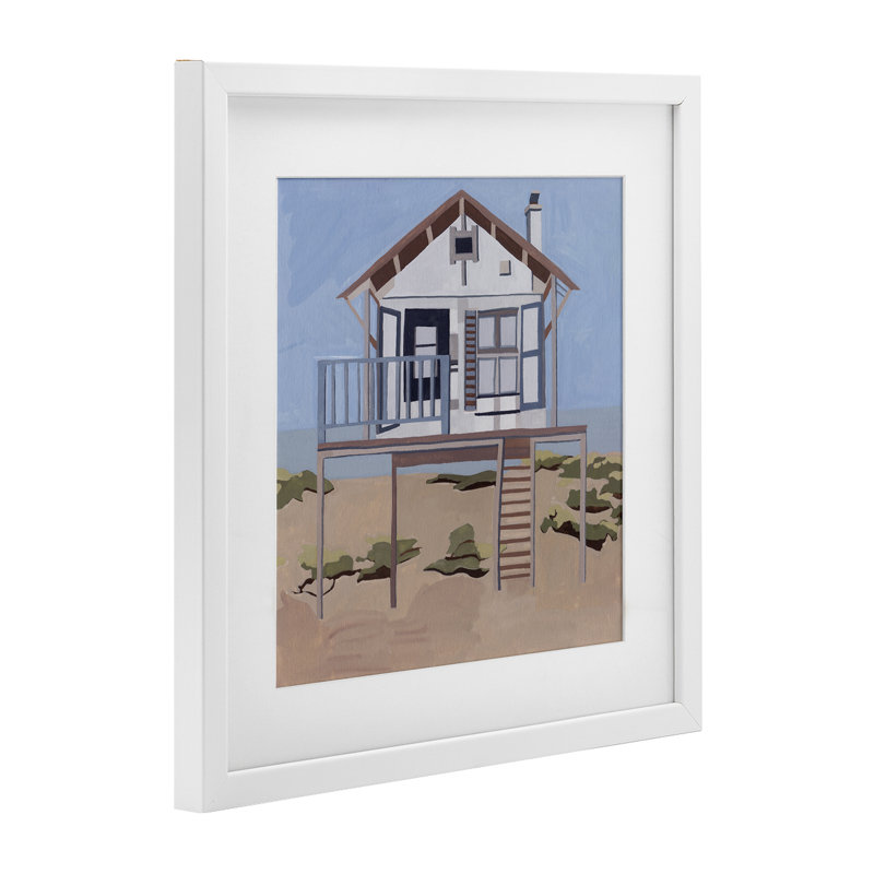 «Silent Shores Beach House», reproduction sous verre encadrée, design par Melissa Wang, H 16 po x l 16 po, Cadre blanc côtier