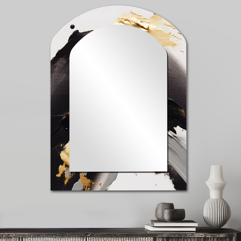 Exquis Darling or abstrait vague sur noir II - peinture abstraite miroir asymétrique, miroir mural unique arche d'or, impression sur métal