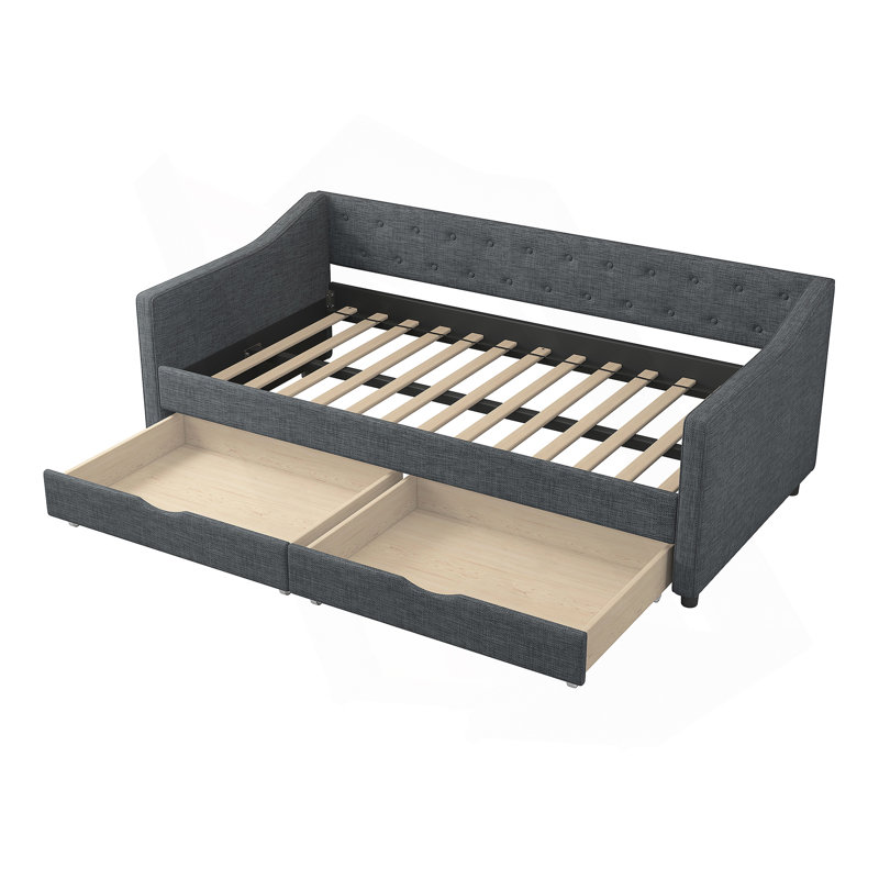 Twin Size Daybed with Drawers Upholstered Tufted Sofa Bed, with Button on Back and Piping on Waved Shape Arms-Dark Grey, Twin