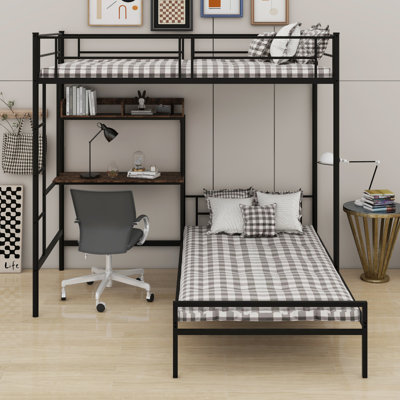 L-Shaped Metal Bunk Bed With Desk, Charging Station, Storage Shelves, Safety Guardrail & Ladder