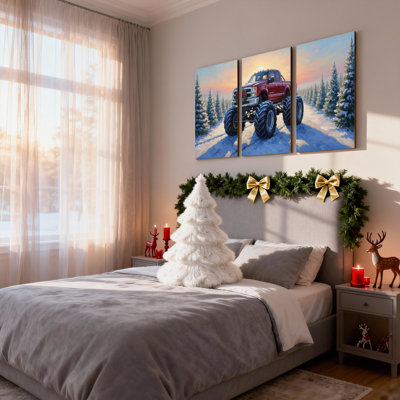 Ensemble de 3 reproductions d'art sur toile, "Christmas Christmas Truck Snowy Forest Sunset"