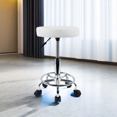 PU Leather Round Rolling Stool With Foot Rest Swivel Height Adjustable Stool Spa Drafting Salon Tattoo Work Office Massage Task Chair White Small (White)
