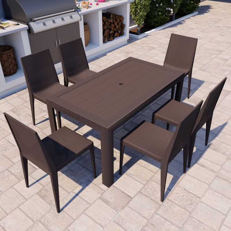 7-Piece Outdoor Dining Set Rectangular Dining Table with Umbrella Hole and 6 Dining Side Chairs, Brown, Brown