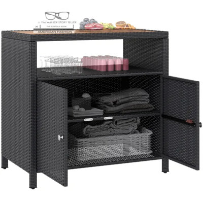 Outdoor Storage Cabinet with Acacia Wood Top, Two Doors, Shelf, Wicker Bar Table for Pool Towel Storage, Black