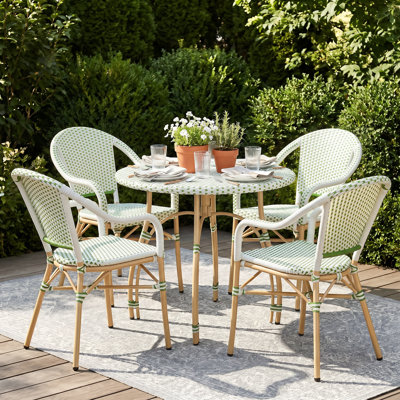 Altesa All Weather Indoor/Outdoor Commercial Patio Dining Sets With Rattan Round Table And Armrest Stacking Chairs