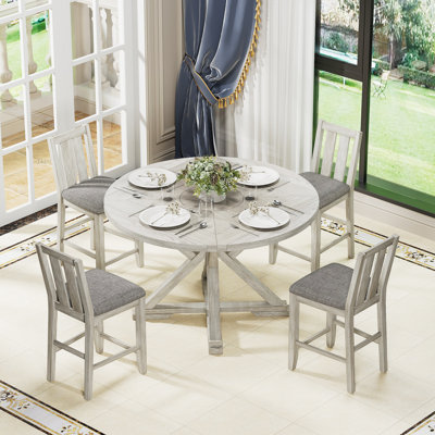 Solid Wood 4-Person Dining Set Grey Extendable Dining Table With Upholstered Padded Chairs