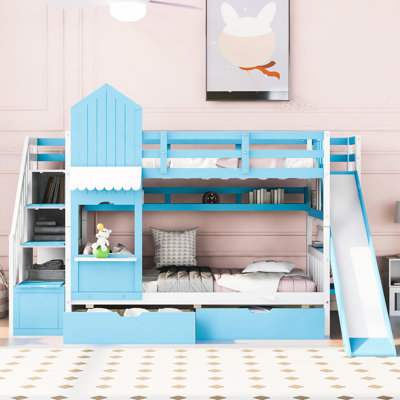 Lit superposé bleu Twintwin avec 2 tiroirs, 3 tablettes et glissoire. Fabriqué en bois depuis plus de 6 ans. H 106,8 po x l 76,6 po x H 72,8 po Capacité de 250 lb par lit. Pas de sommier tapissier et solide au-dessus de 106,3 po de long et de 76,6 po