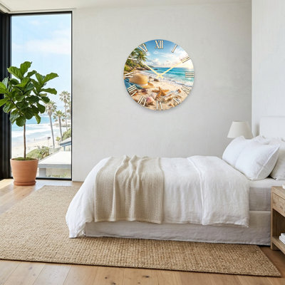 Landscape & Nature Beach Scene With Palm Trees And Seashells Ultra Clear Glass Wall Clock
