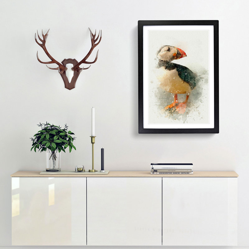 An Atlantic Puffin in Abstract - Picture Frame Graphic Art Print, 87cm H x 62cm W x 2cm D, Black Framed