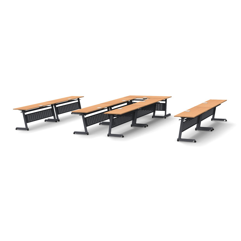 Tables Training Meeting Seminar Classroom 9Pc Beech Folding Industrial Caster Z-Base. Tables Connect.  Modesty Panel, Shelf, Power+Usb Outlet. Fold+Nest For Storage (Seating Not Included).