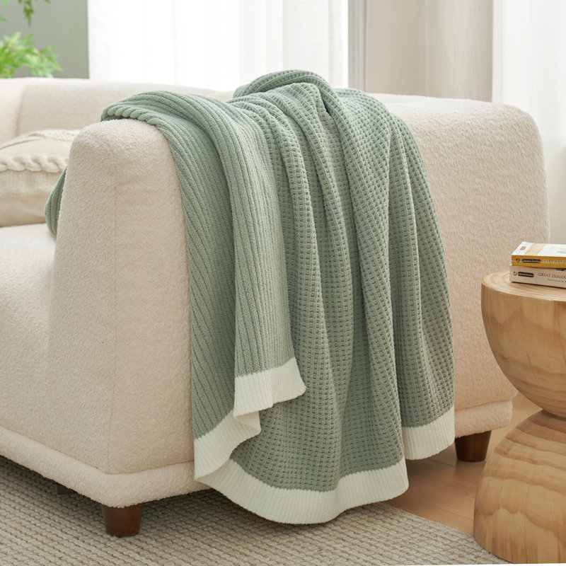 Jeté réversible en tricot de chenille doux tissé gaufré pour canapé, lit et salon, L 50 po x L 60 po, Vert sauge