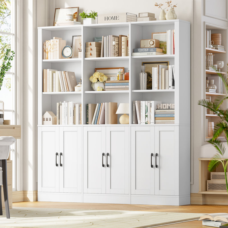 Bibliothèque 70 po H 70,1 po x l 63 po à 5 niveaux avec tablettes ouvertes à 3 niveaux et 3 armoires à deux portes | Grande armoire de rangement pour la maison et le bureau