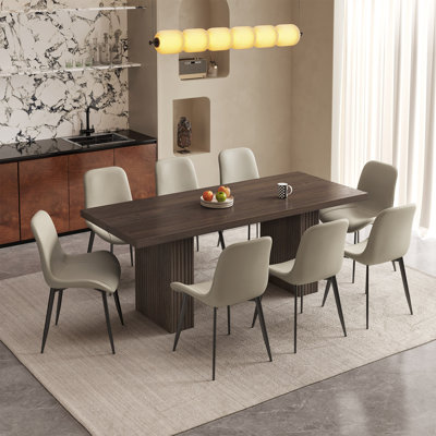 Ensemble de table de salle à manger 66,93 "Mid-Century rectangulaire brun avec 8 chaises pour la cuisine, le bar et le salon
