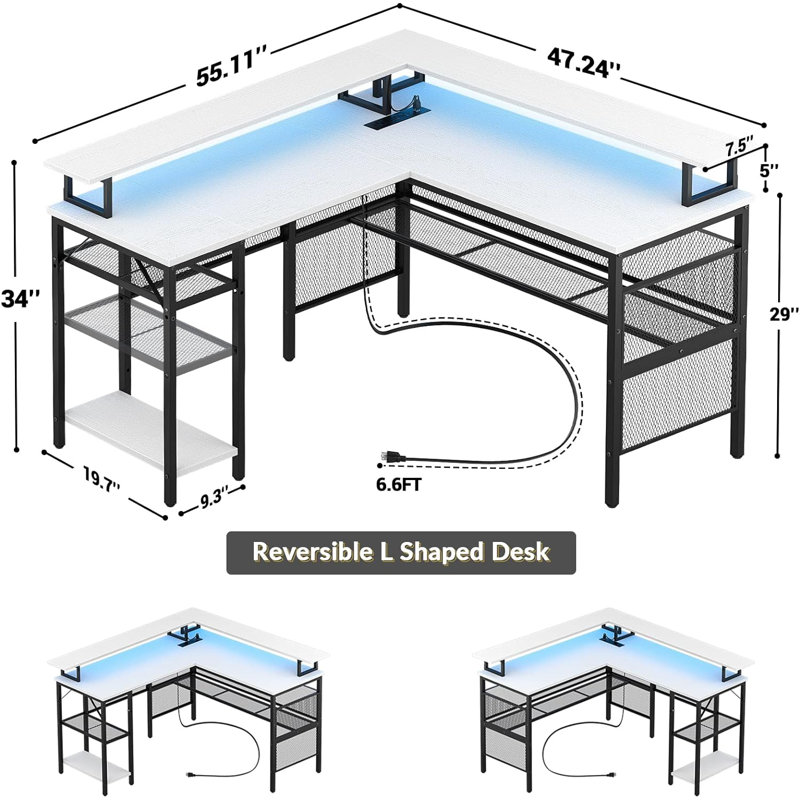 Aranson 55'' L shaped Computer Desk with Shelves, Writing Desk with Full Monitor Stand, Corner Desk with LED Lights, Gaming Desk