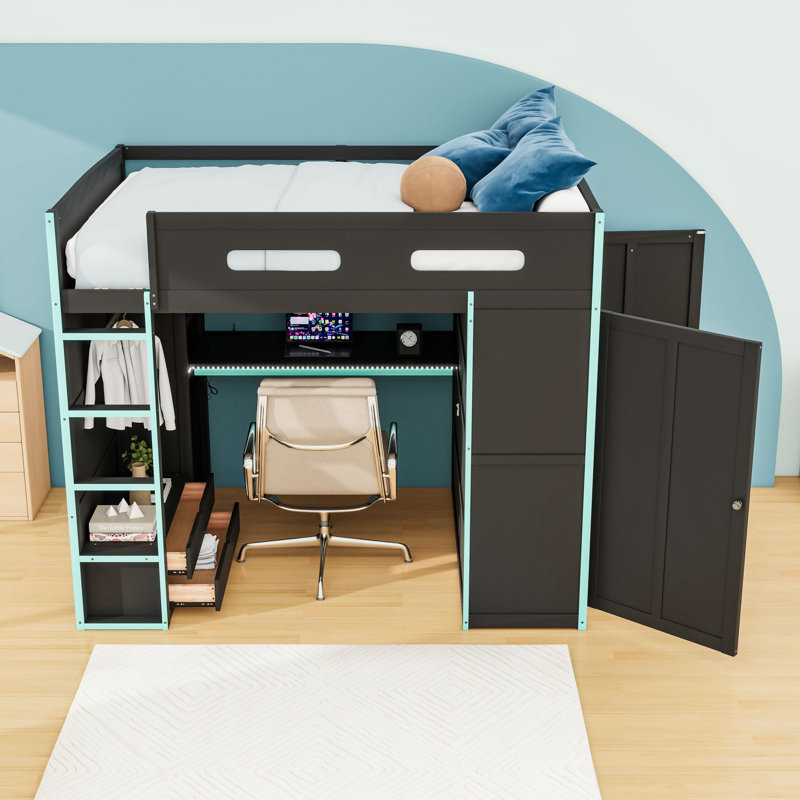 Lit mezzanine double avec bureau, lumière RVB et port USB, Bleu nuage