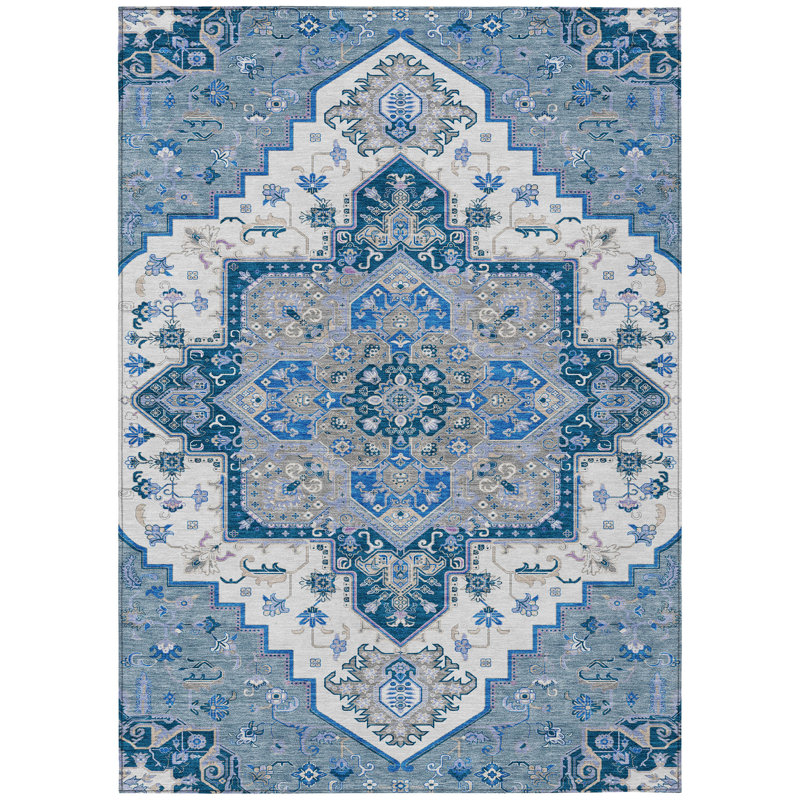 Tapis d'intérieur lavable extérieur bleu, gris et ivoire 3 pi x 5 pi