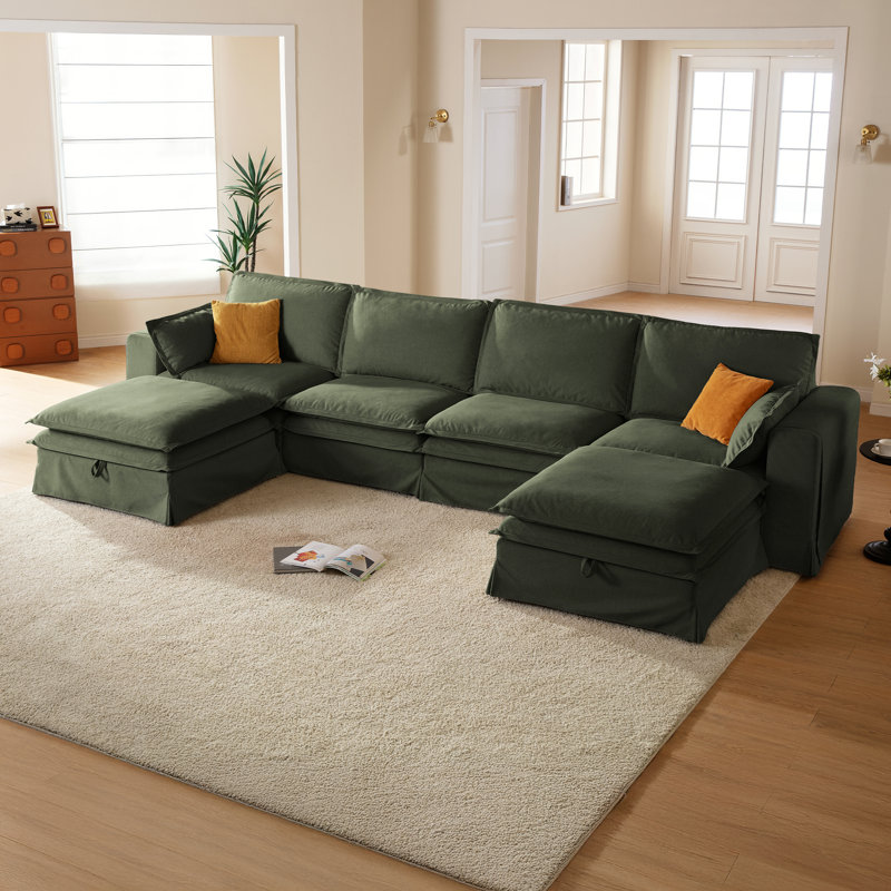 162.2" Oversized Pet-Friendly Fabric Modular Sectional Sofa Washable Removable Slipcover Enveloping Feel Double-decker Sectional Couches With 2 Storage Ottoman