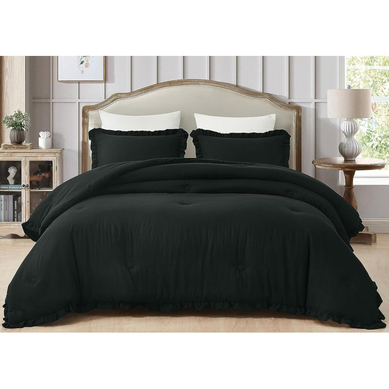 Nora Washed Microfiber Ruffled Comforter Set, Queen Comforter + 2 Standard Shams, Black