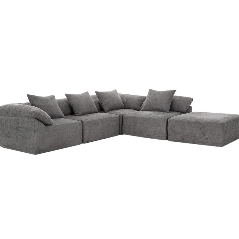 L Shaped Modular , 5 Piece , Chenille Upholstery, Gray, Comfortable Sleeper, Combined, Foam Gray With , Fabric, High Sponge Filled