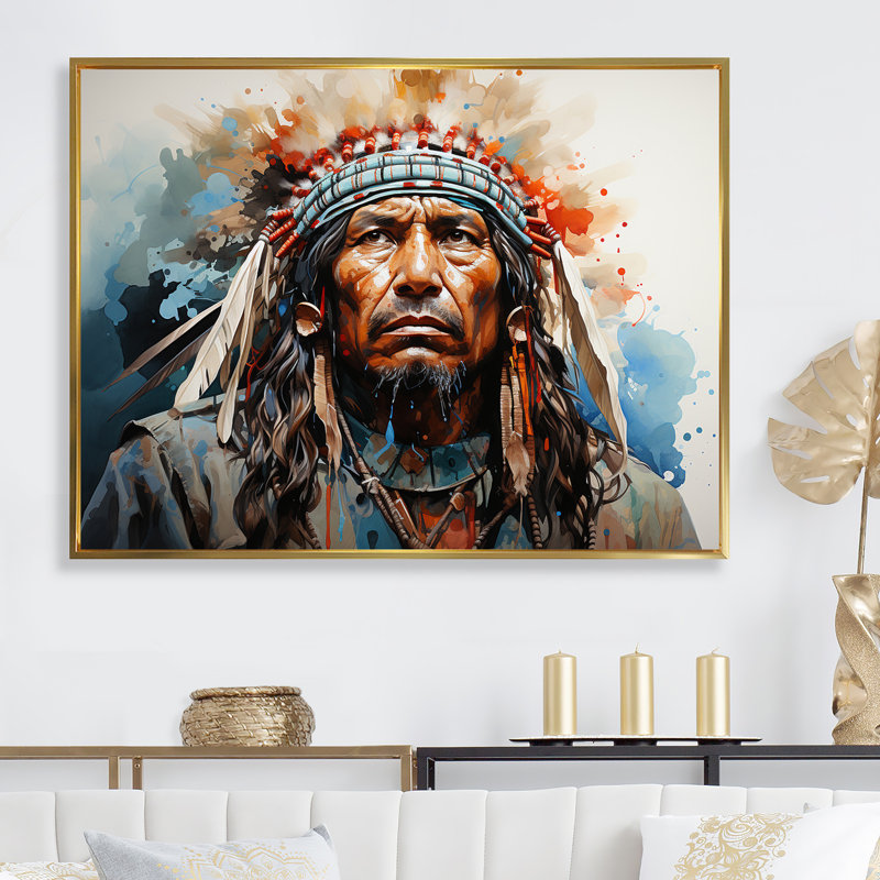 «Native Apache Warrior» sur toile, Cadre flottant doré, H 24 po x l 32 po x P 1 po