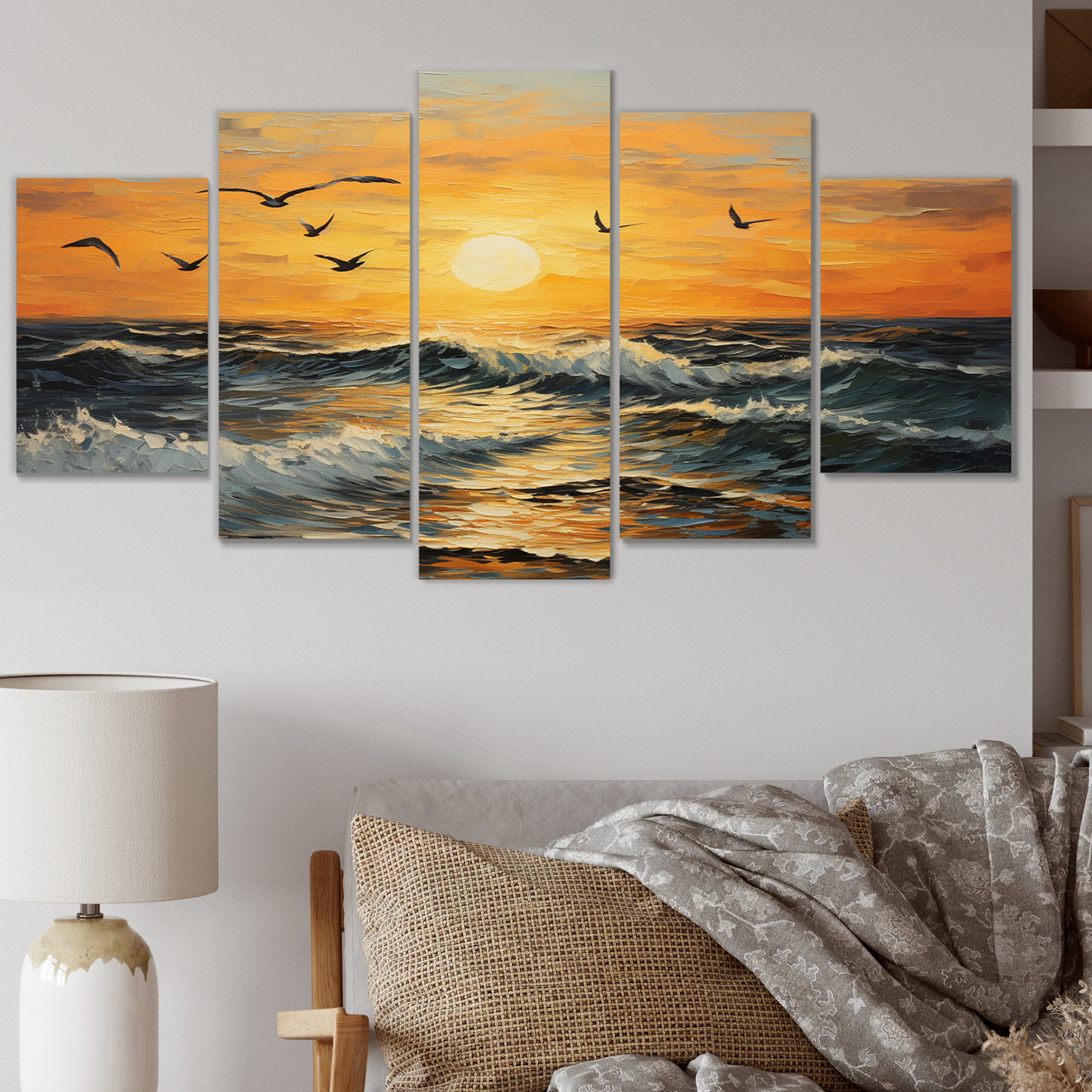 Dovecove Seagulls At Beach Sunset - Animals Canvas Art Print - 5 Panels ...