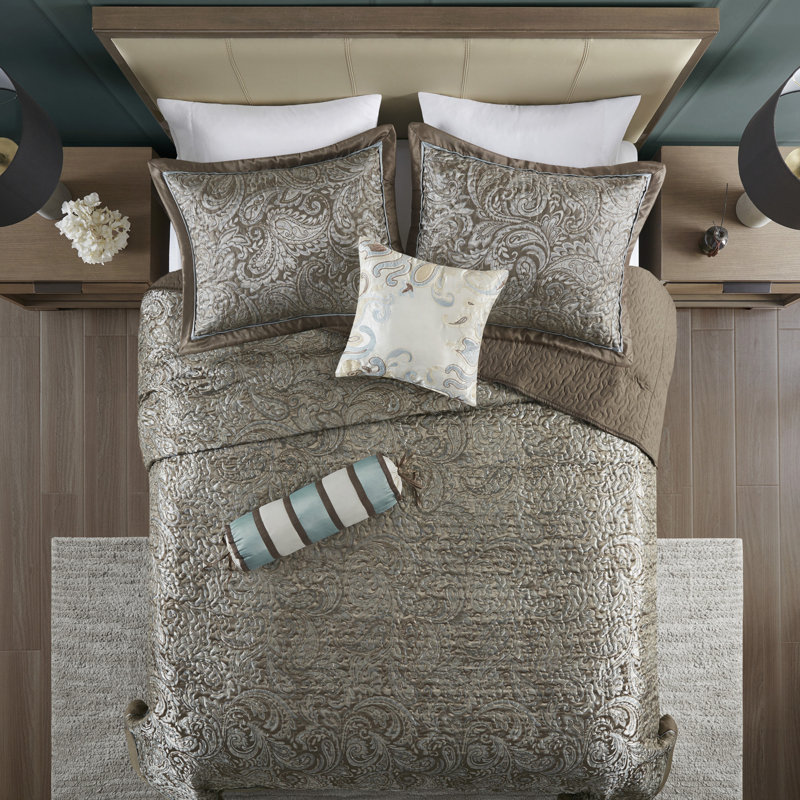 Couvre-lit très grand avec tissage et bourre, 5 coussins décoratifs en coton bleu / brun, Bleu/brun