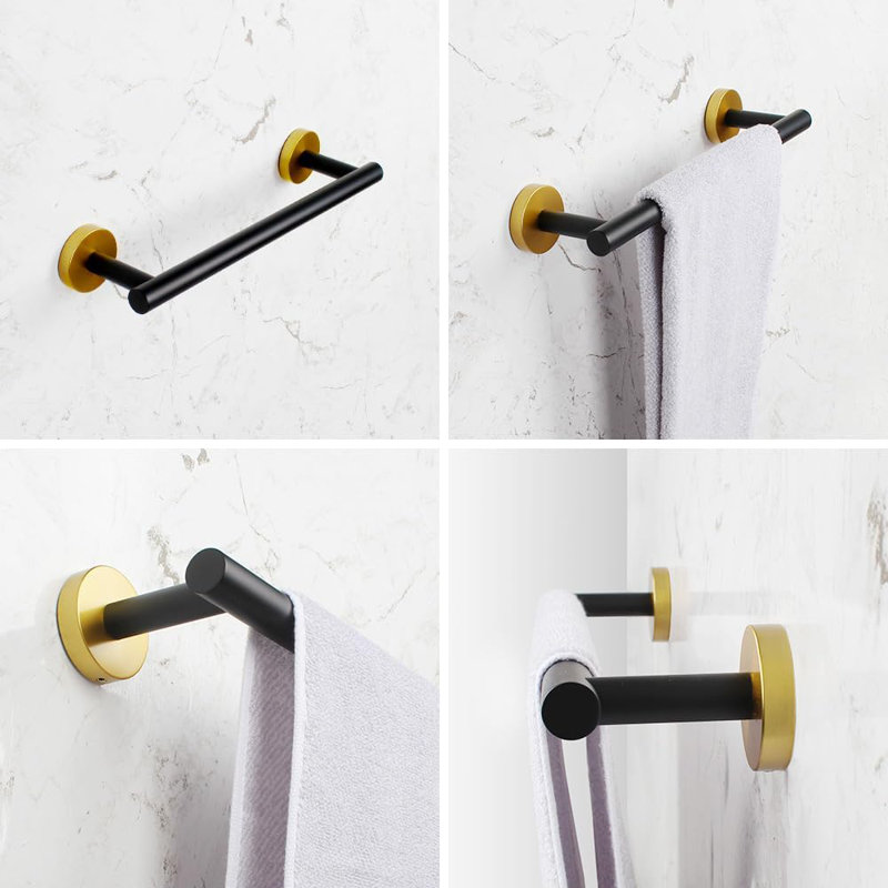 Black & Gold Bathroom Accessories Set - 5 Pieces Wall Mounted Stainless Steel Kit With Towel Bars, Toilet Paper Holder & Hooks