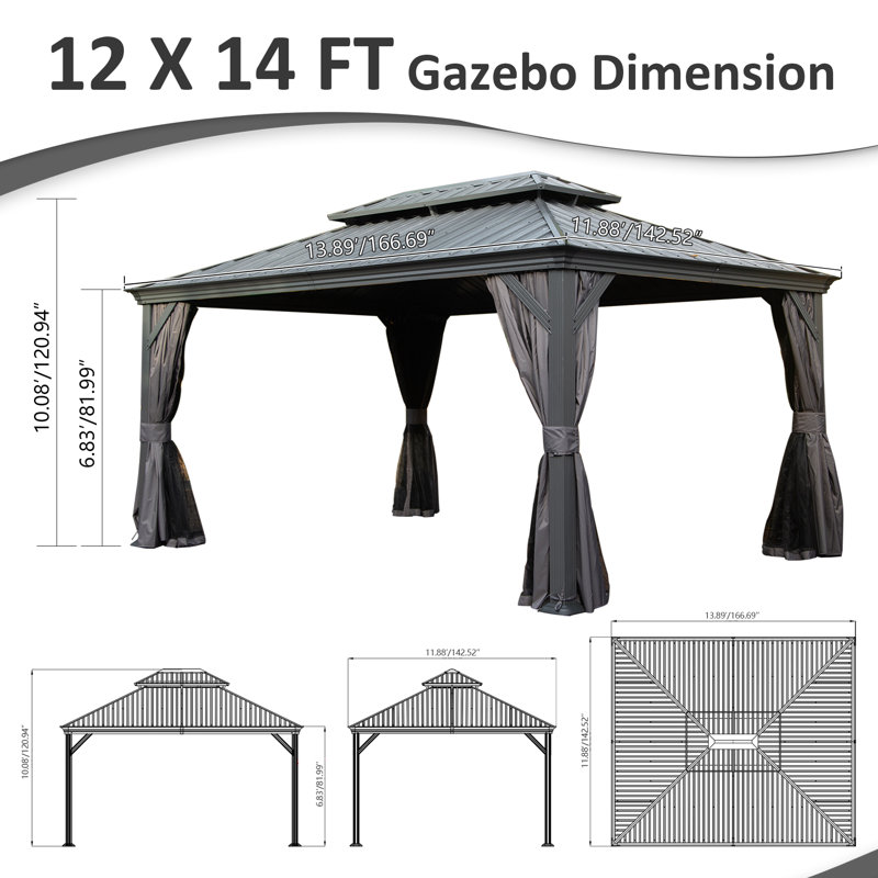 14 Ft. W x 12 Ft. D Galvanized Steel Patio Gazebo with Double Roof, Gray