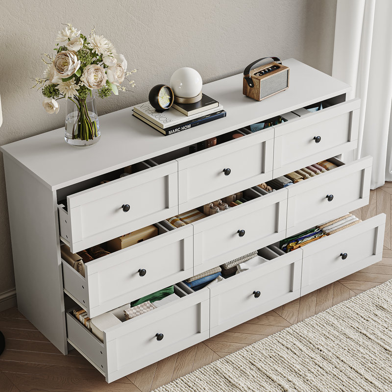 Commode 9 tiroirs Bulwell, commode 9 tiroirs pour chambre à coucher, salon et garde-robe, Blanc