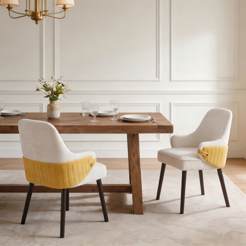 Ensemble de 2 fauteuils bicolores beige et jaune, chaises de salle à manger rembourrées avec structure robuste – Sièges d'appoint modernes pour salle à manger et salon, capacité de charge de 136 kg