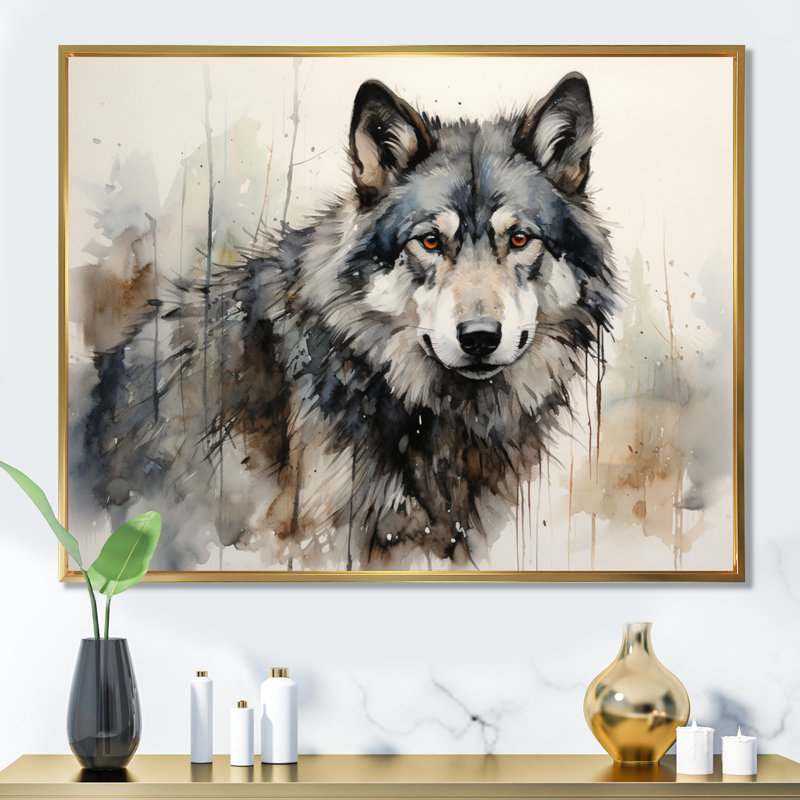 Loup solitaire - Décoration murale loup, H 24 po x l 32 po, Reproduction avec cadre flottant, Doré
