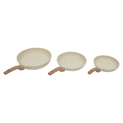 Ensemble de poêles à frire antiadhésives 3 pièces, 11 po, 9,5 po, 8 po en acier inoxydable pour cuisinières à gaz et à induction, beige