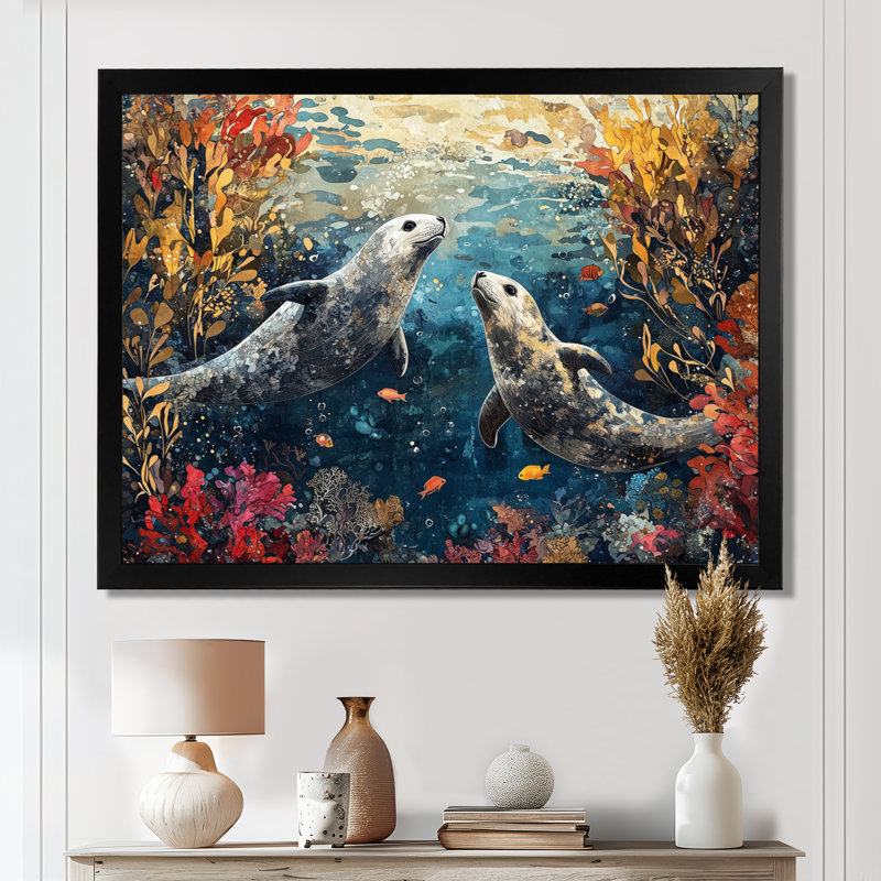 Auriel jouant des phoques dans un paysage de corail III - art mural grand phoque, Reproduction encadrée d'une seule photo