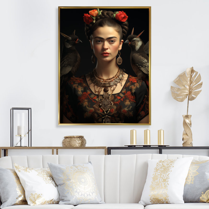 Art sur toile, "Frida mexicaine", Cadre flottant doré, H 40 po x l 30 po