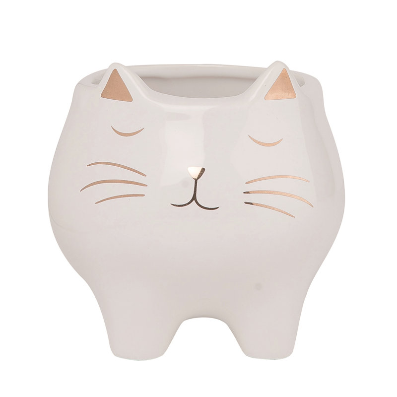 Transpac Ceramic 4" White Cat Planter with Gold Accents