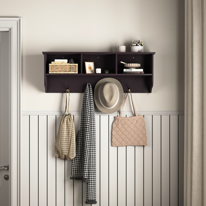 Wall Mounted Coat Rack With Storage Shelf And 4 Hooks Functional Bedroom, Espresso