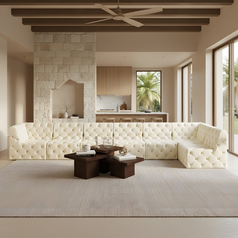 Canapé modulaire réversible en velours de 186 po de largeur Klecka, Velours crème