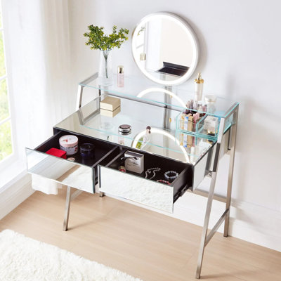 Bureau de meuble-lavabo à miroir argenté pour la chambre à coucher avec lumières et miroir, 2 grands tiroirs, tablette ouverte, prise de charge, support de 33,9 po